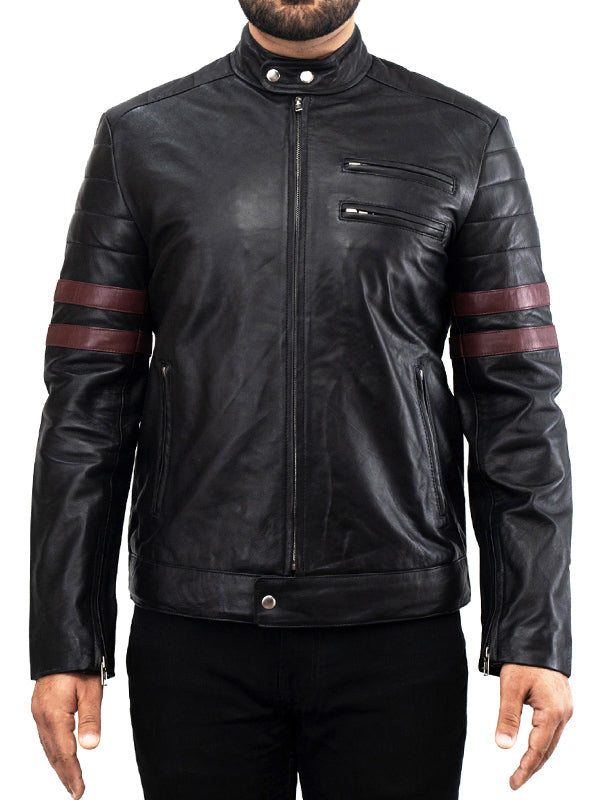 Mens Motorcycle Red Striped Leather Black Jacket