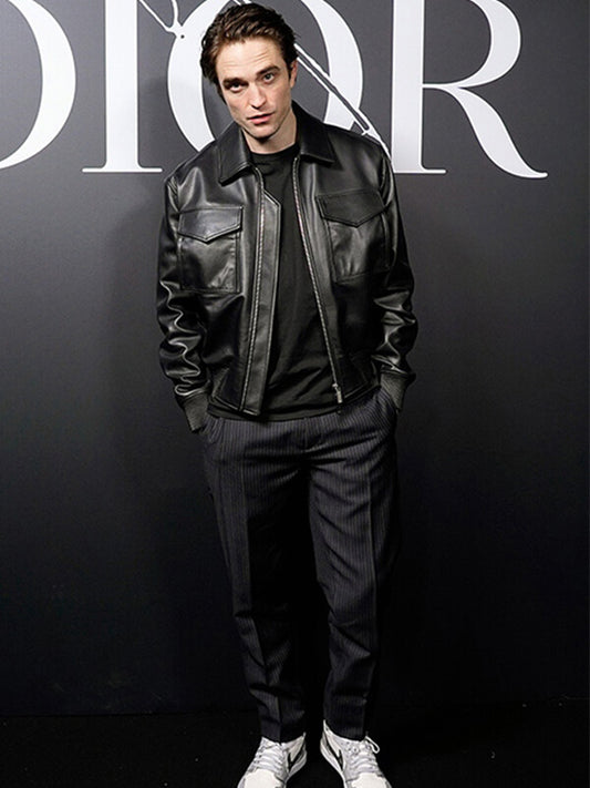 2020 Paris Fashion Show Robert Pattinson Black Leather Jacket