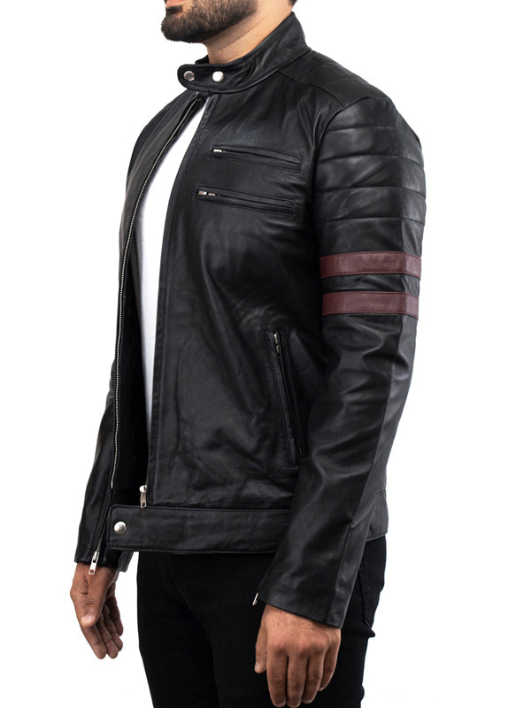 Mens Motorcycle Red Striped Leather Black Jacket