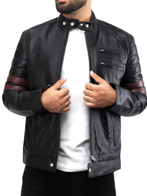 Mens Motorcycle Red Striped Leather Black Jacket