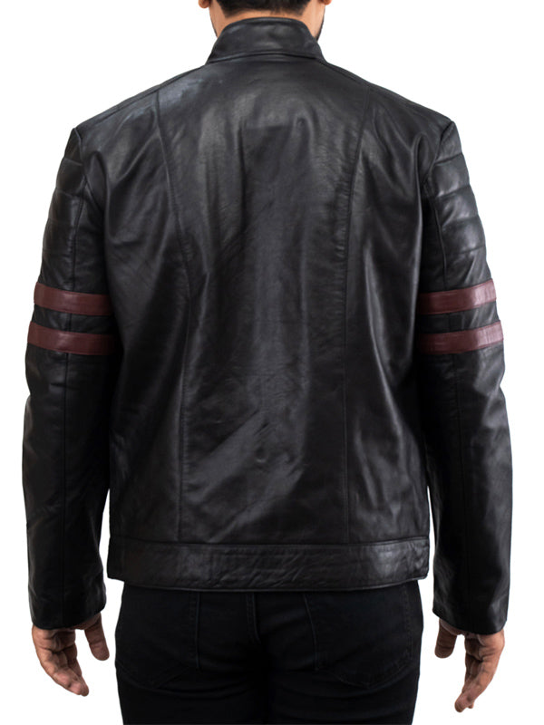 Mens Motorcycle Red Striped Leather Black Jacket