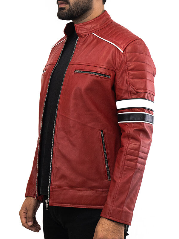 Mens Cafe Racer Red Quilted Leather Jacket