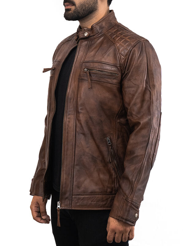 Mens Biker Brown Quilted Leather Jacket