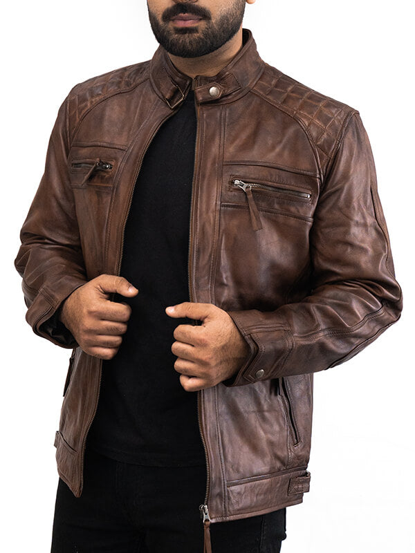 Mens Biker Brown Quilted Leather Jacket