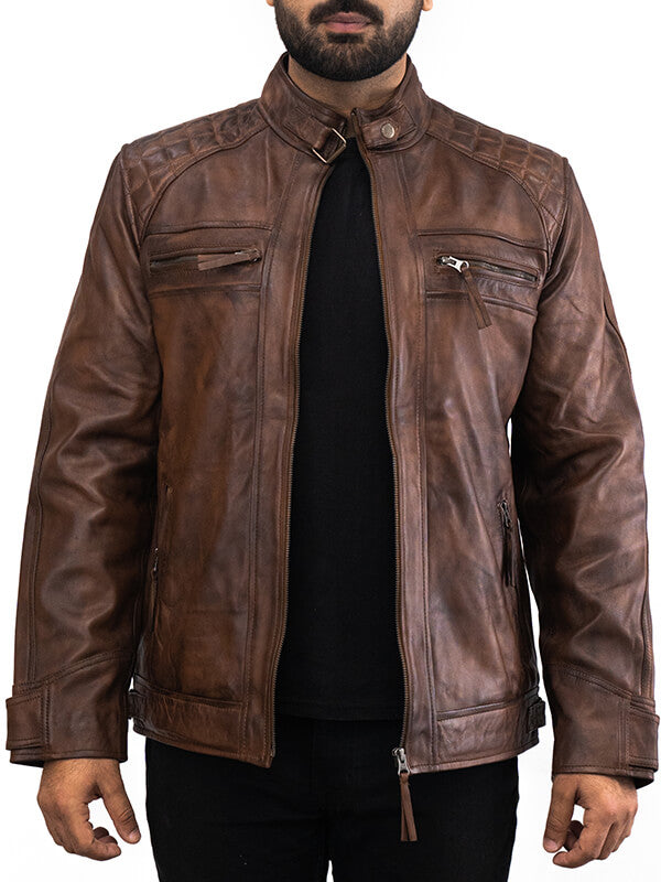 Mens Biker Brown Quilted Leather Jacket