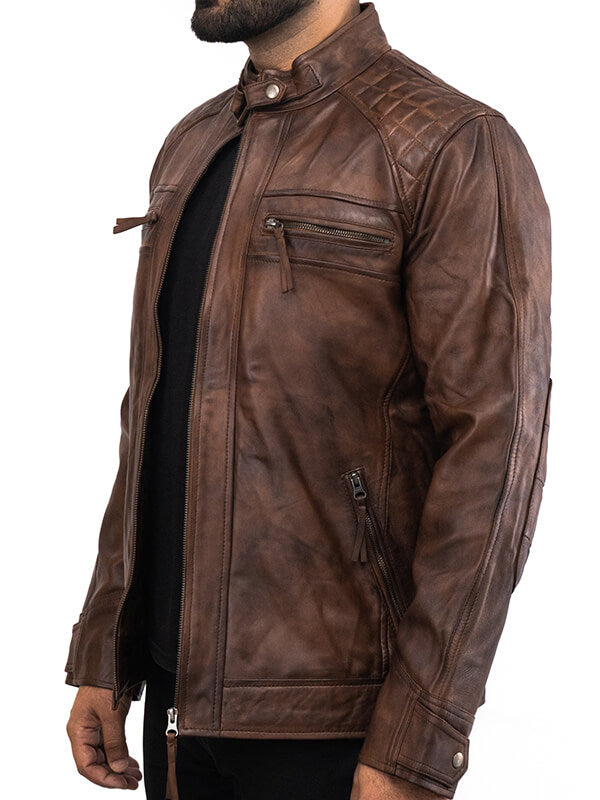 Mens Biker Brown Quilted Leather Jacket