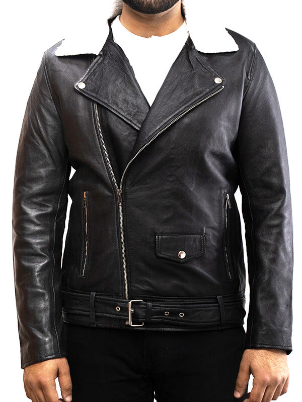 Mens Biker Fur Collar Black leather Jacket