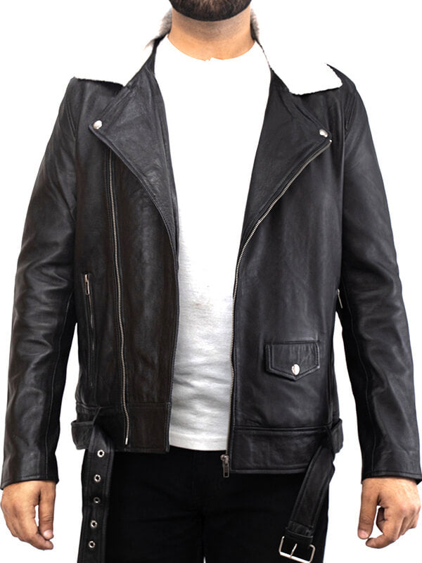 Mens Biker Fur Collar Black leather Jacket