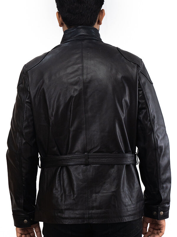 Mens Black Biker Buttoned Leather Jacket