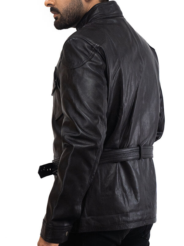 Mens Black Biker Buttoned Leather Jacket