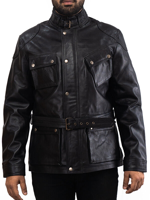 Mens Black Biker Buttoned Leather Jacket