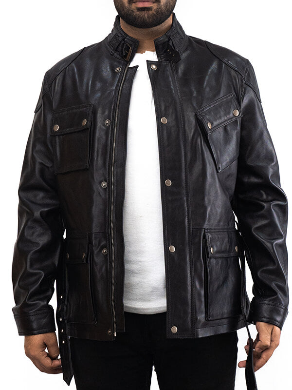 Mens Black Biker Buttoned Leather Jacket