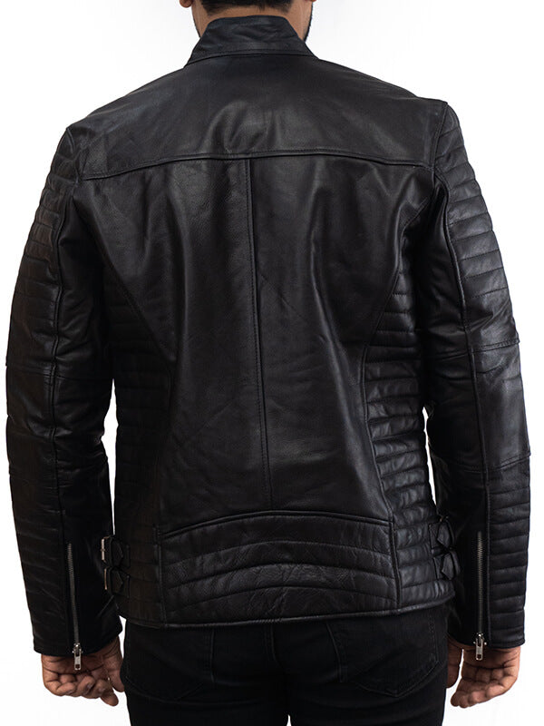 Mens Black Biker Leather Quilted Jacket