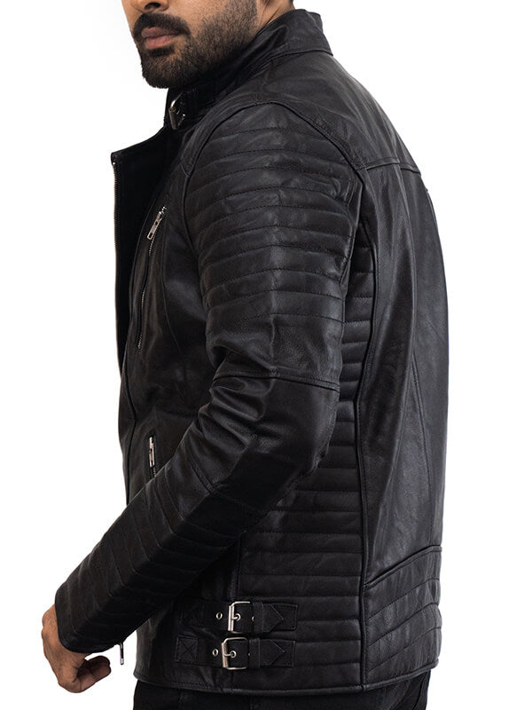 Mens Black Biker Leather Quilted Jacket