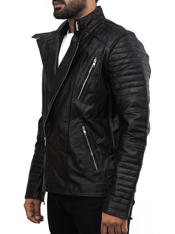 Mens Black Biker Leather Quilted Jacket