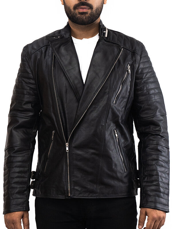 Mens Black Biker Leather Quilted Jacket