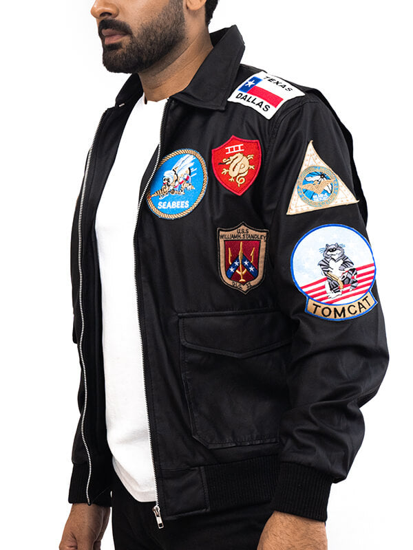 Mens Black Cotton Bomber Leather Jacket