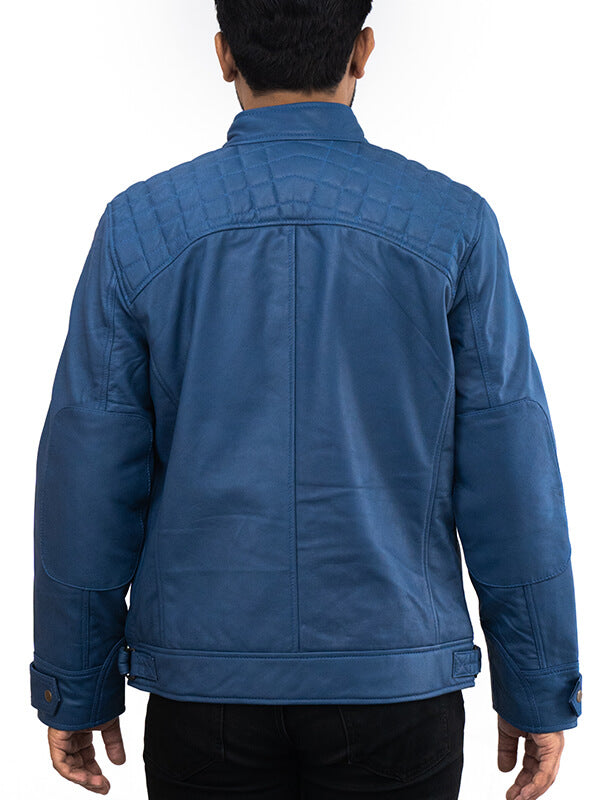 Mens Blue Quilted Biker Leather Jacket