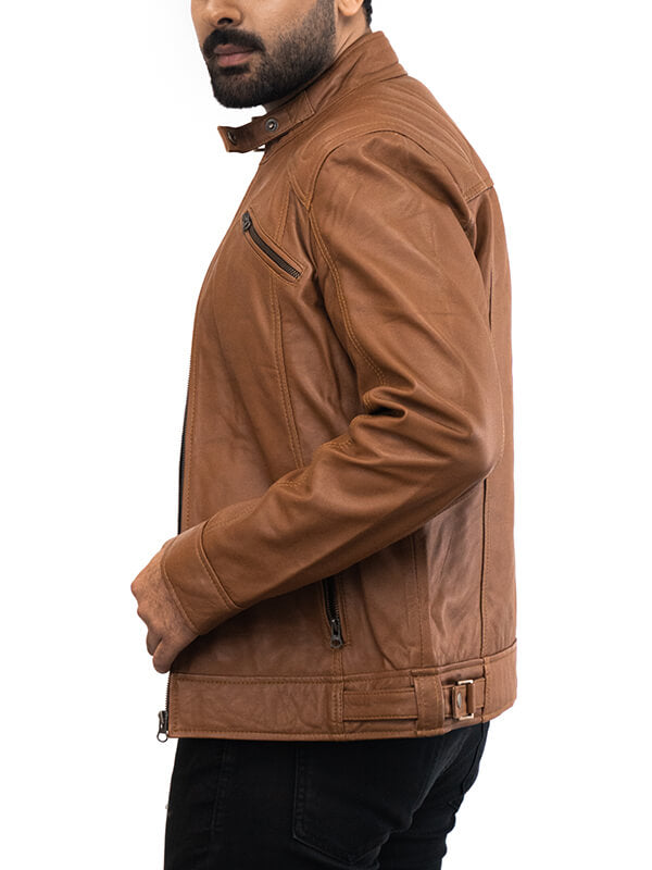 Mens Brown Biker Quilted Leather Jacket