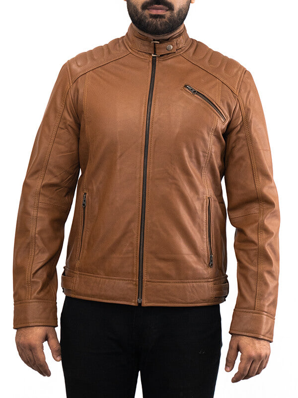 Mens Brown Biker Quilted Leather Jacket