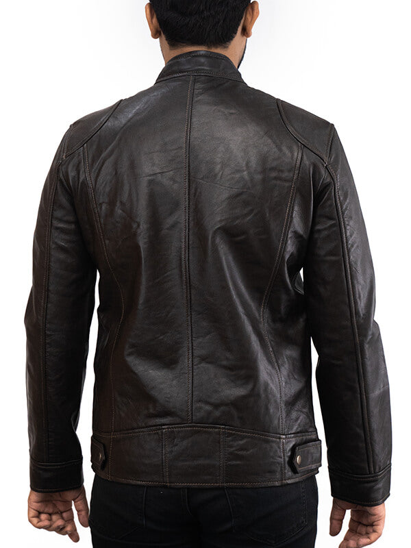 Mens Brown Cafe Racer Biker Leather Jacket