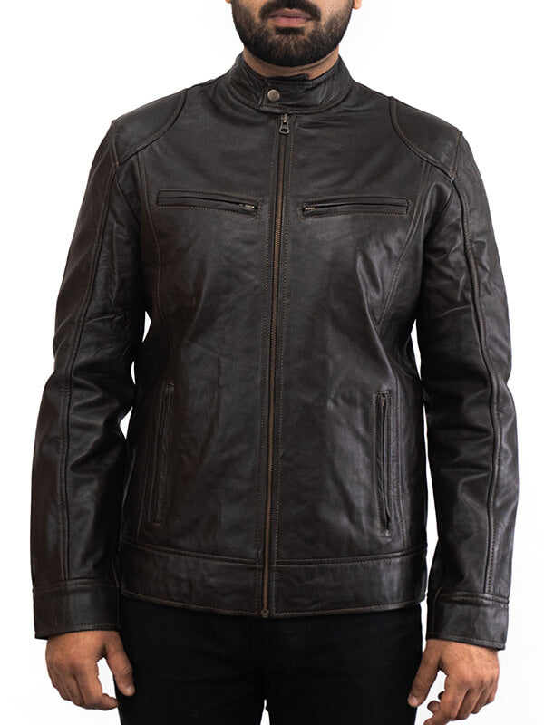 Mens Brown Cafe Racer Biker Leather Jacket