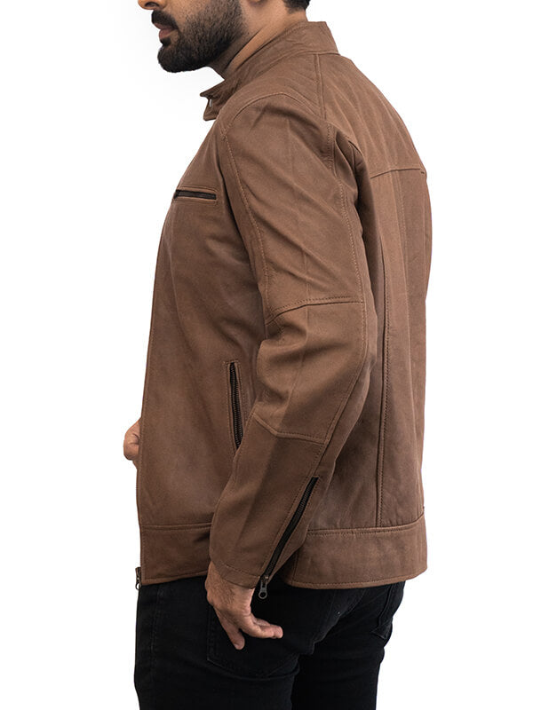 Mens Brown Cafe Racer Quilted Leather Jacket