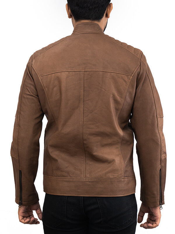 Mens Brown Cafe Racer Quilted Leather Jacket