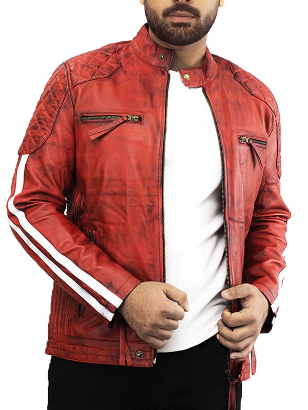 Mens Cafe Red Quilted Leather Jacket