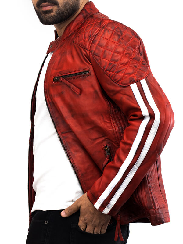 Mens Cafe Red Quilted Leather Jacket