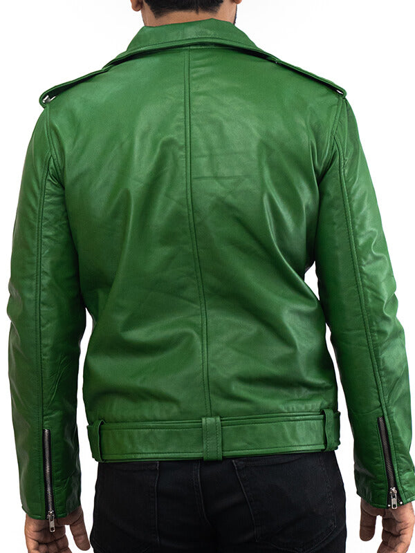 Mens Green Motorcycle Leather Biker Jacket