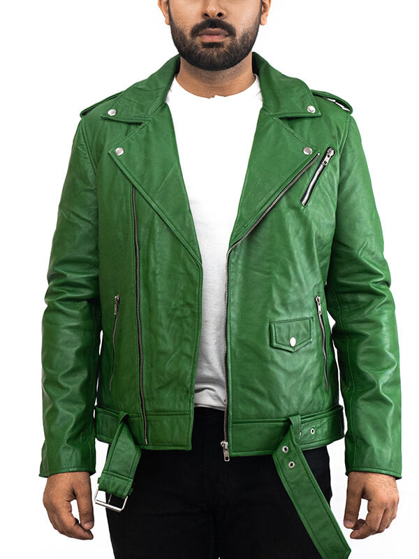 Mens Green Motorcycle Leather Biker Jacket