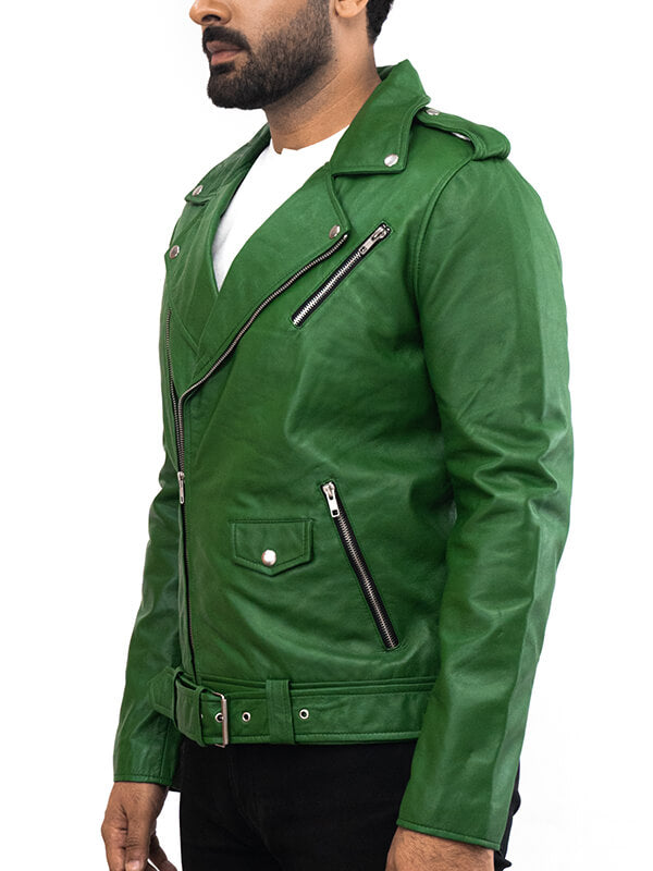 Mens Green Motorcycle Leather Biker Jacket