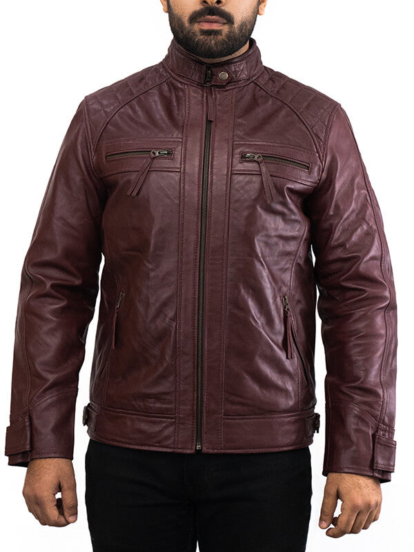 Mens Maroon Vintage Biker Leather Jacket