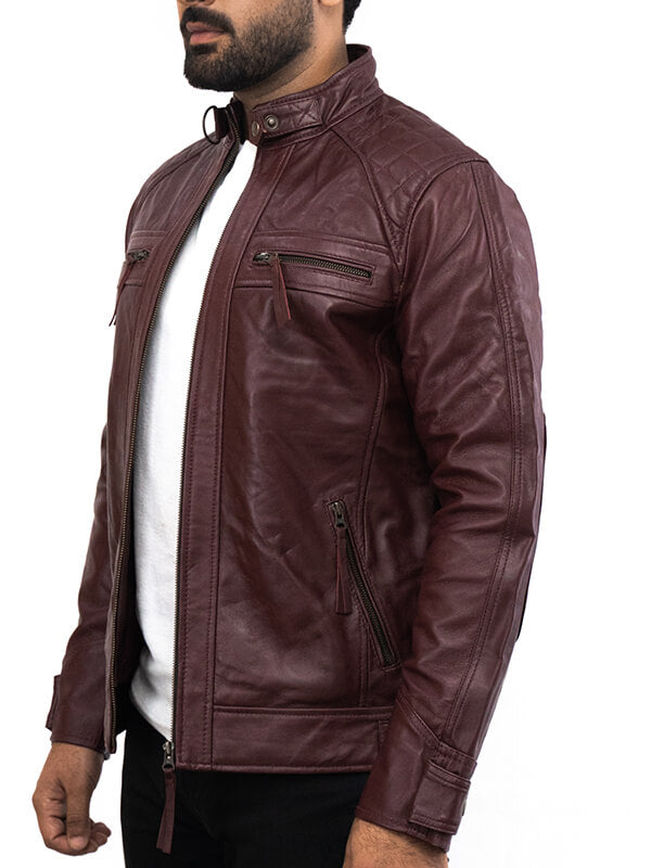 Mens Maroon Vintage Biker Leather Jacket
