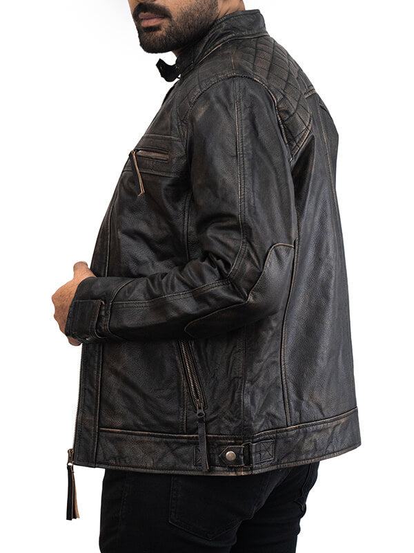 Mens N7 Biker Quilted Black Leather Jacket