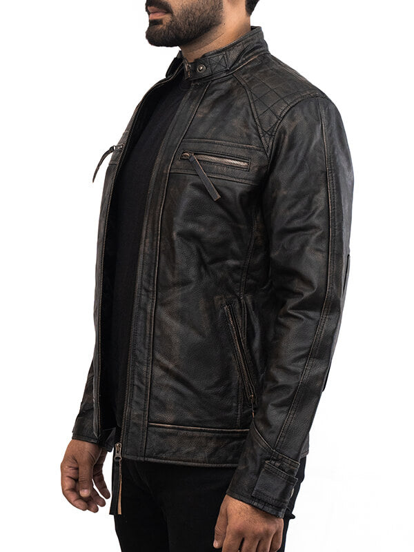 Mens N7 Biker Quilted Black Leather Jacket