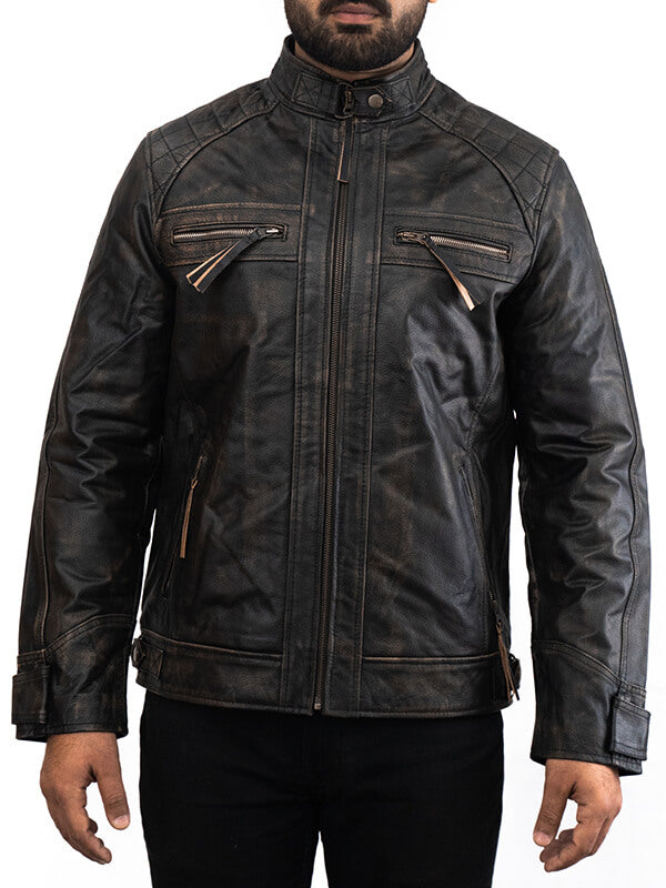 Mens N7 Biker Quilted Black Leather Jacket