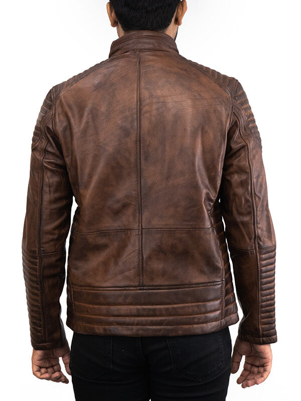 Mens Quilted Brown Biker Leather Jacket