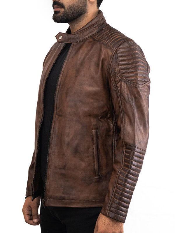 Mens Quilted Brown Biker Leather Jacket