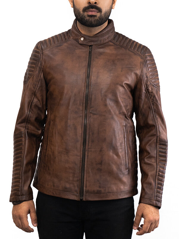 Mens Quilted Brown Biker Leather Jacket
