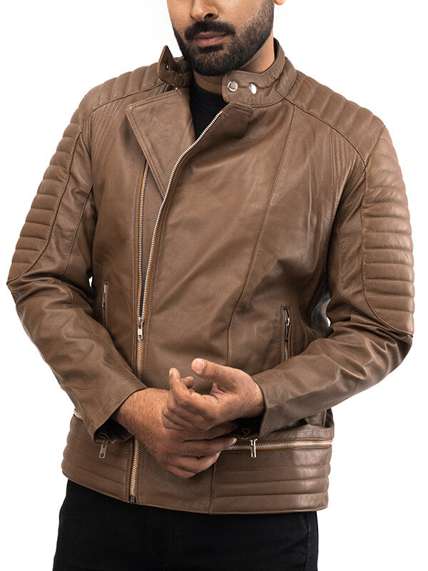 Mens Quilted Light Brown Leather Jacket