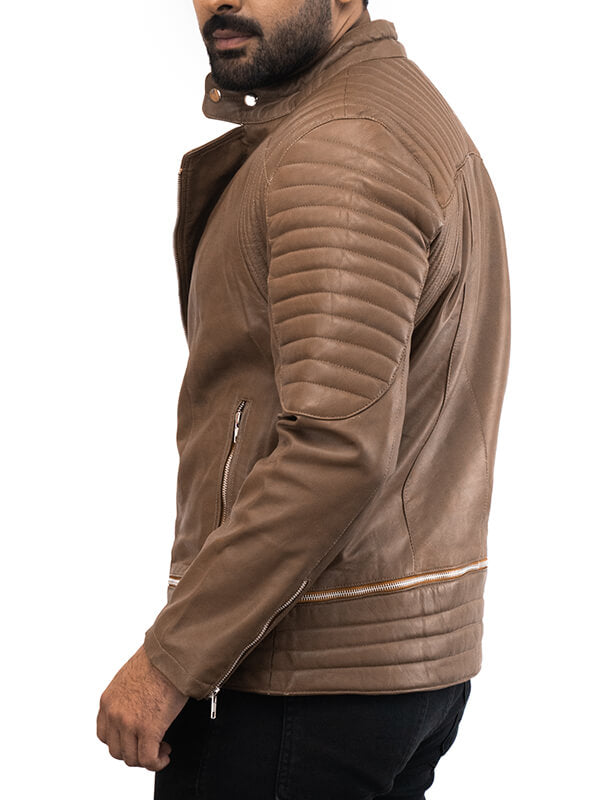 Mens Quilted Light Brown Leather Jacket