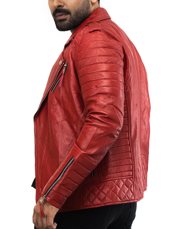 Mens Red Biker lambskin Leather jacket