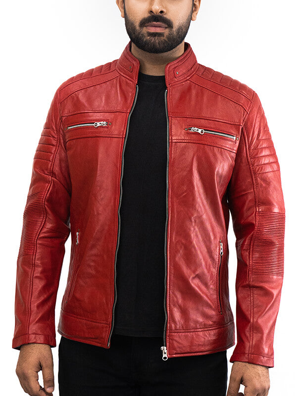 Mens Red Biker Quilted Leather Jacket