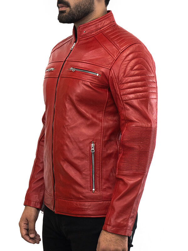 Mens Red Biker Quilted Leather Jacket