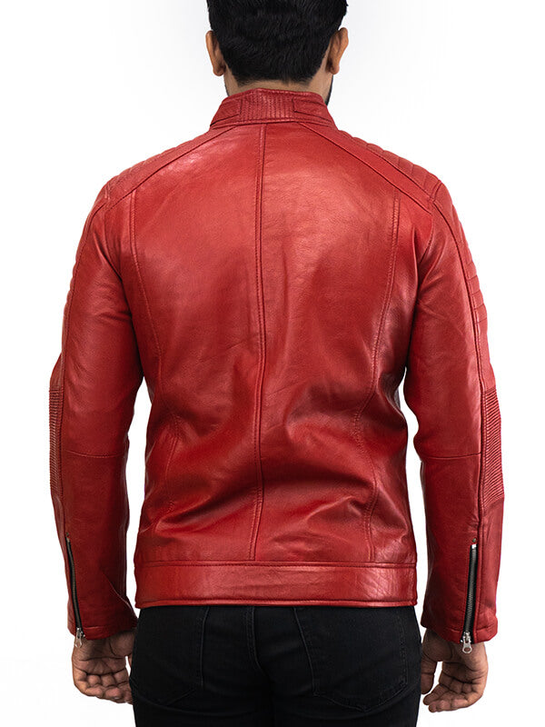 Mens Red Biker Quilted Leather Jacket