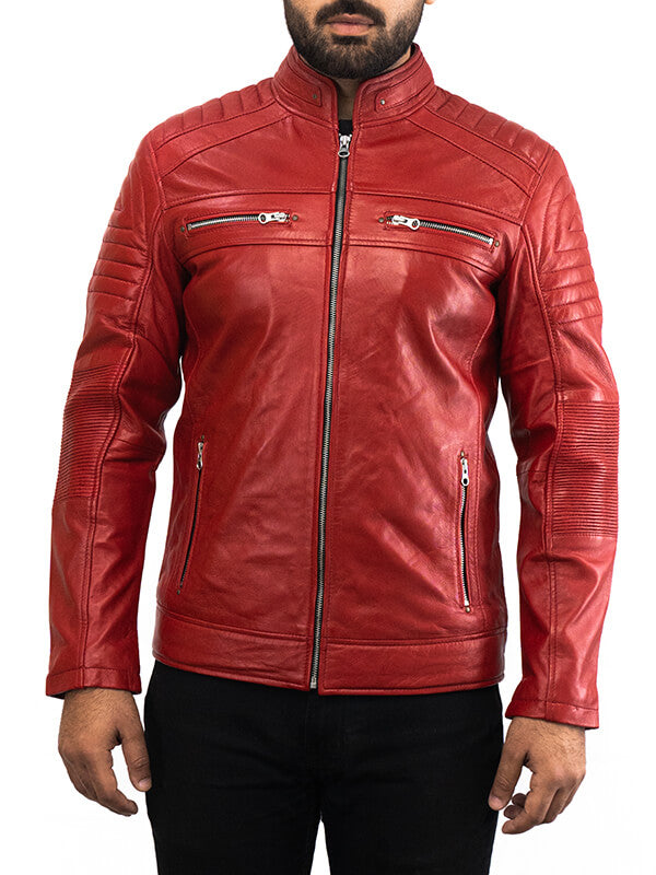 Mens Red Biker Quilted Leather Jacket