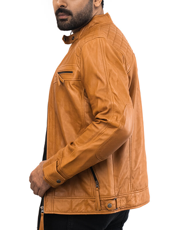 Mens Tan Brown Biker Quilted Leather Jacket