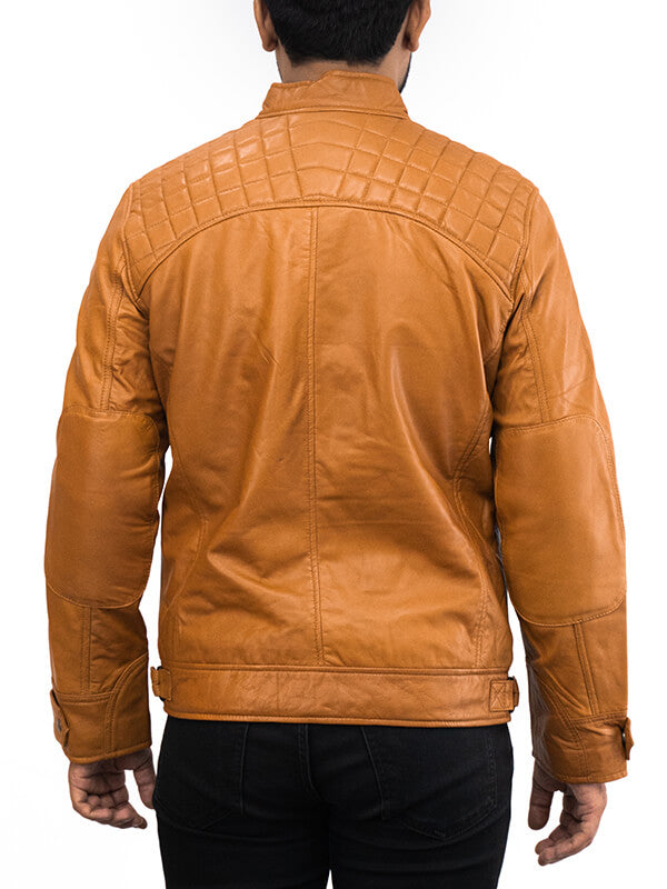 Mens Tan Brown Biker Quilted Leather Jacket